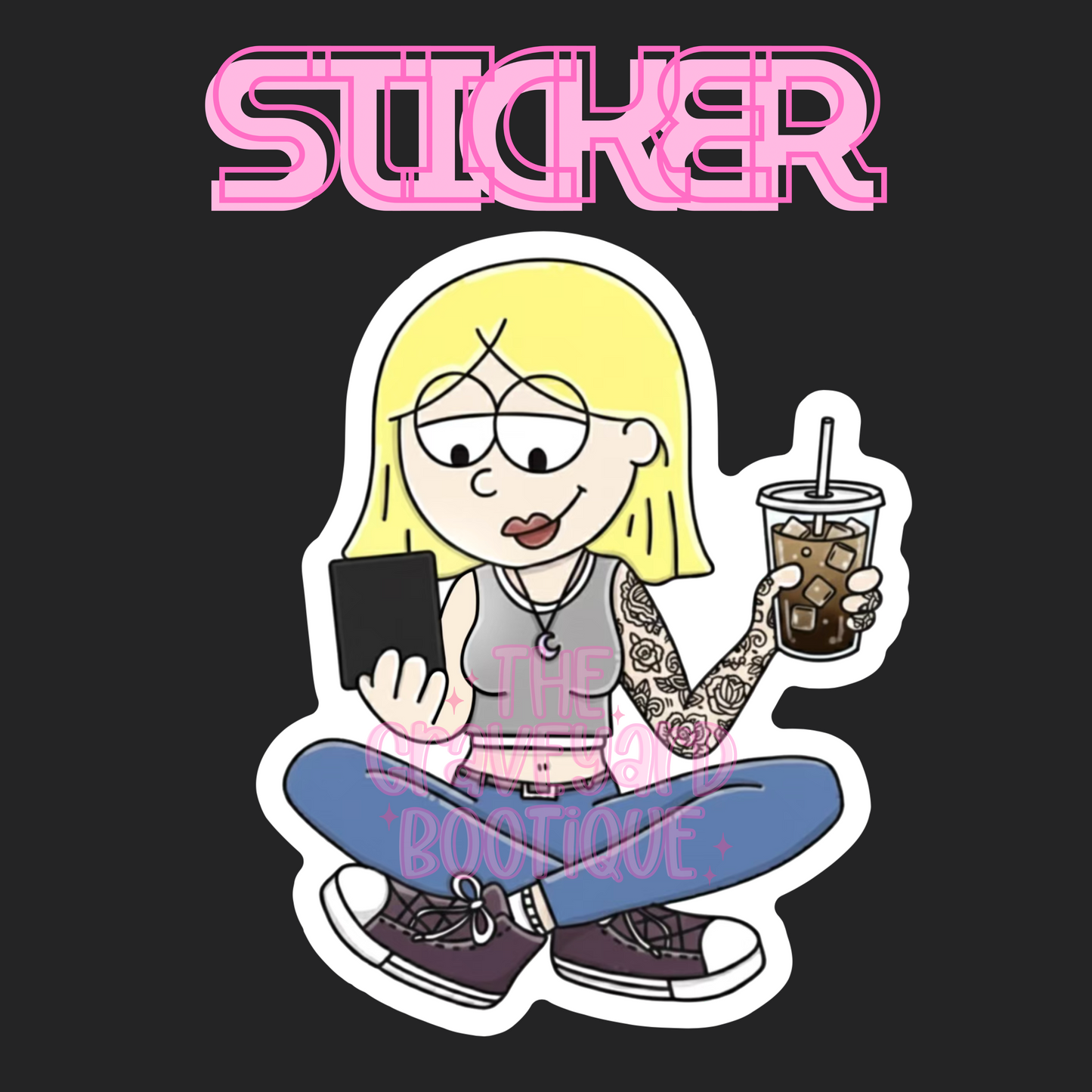 Y2K Girl Reading Kindle With Iced Coffee Sticker