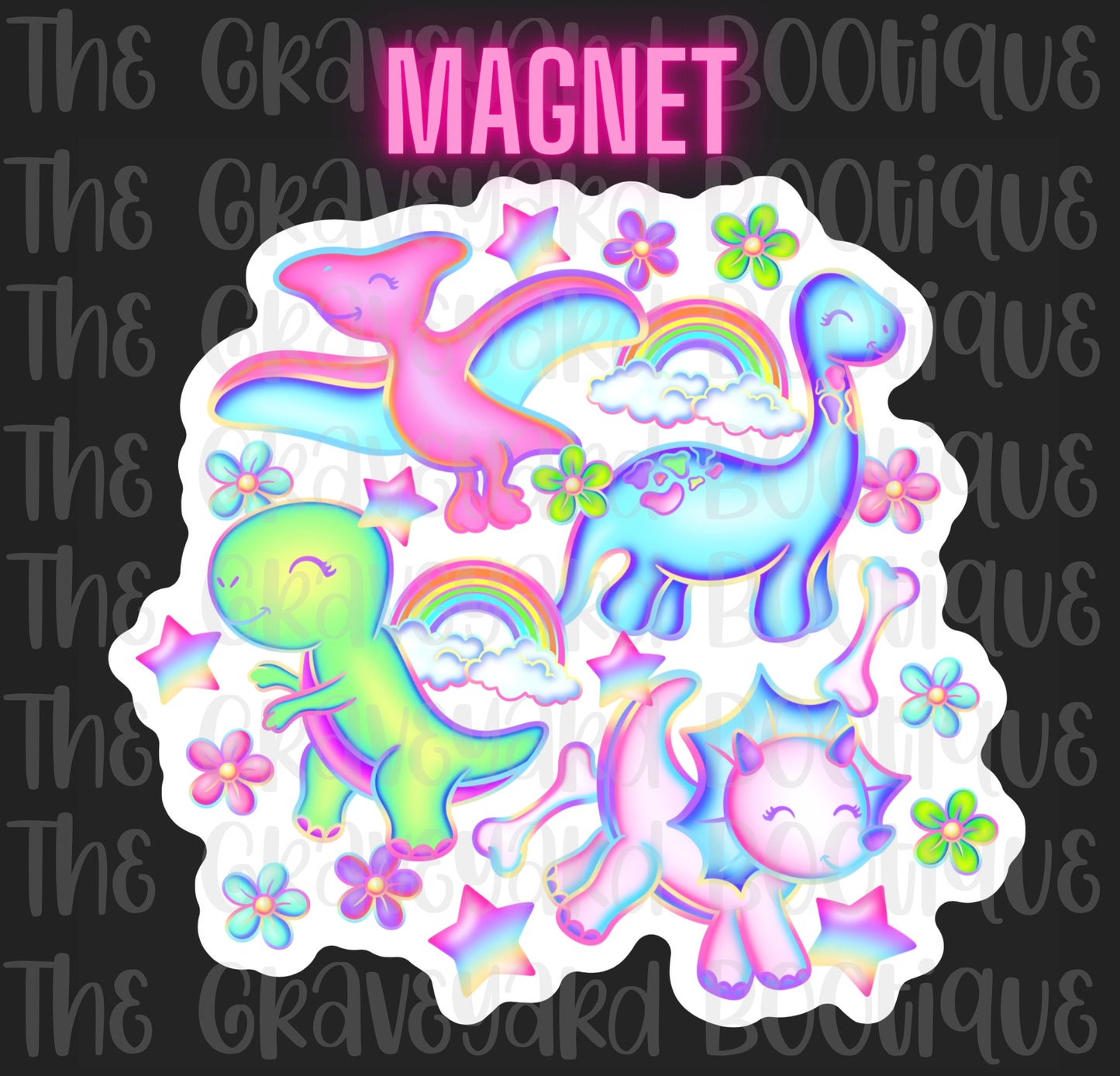 Neon Rainbow Dino’s Magnet