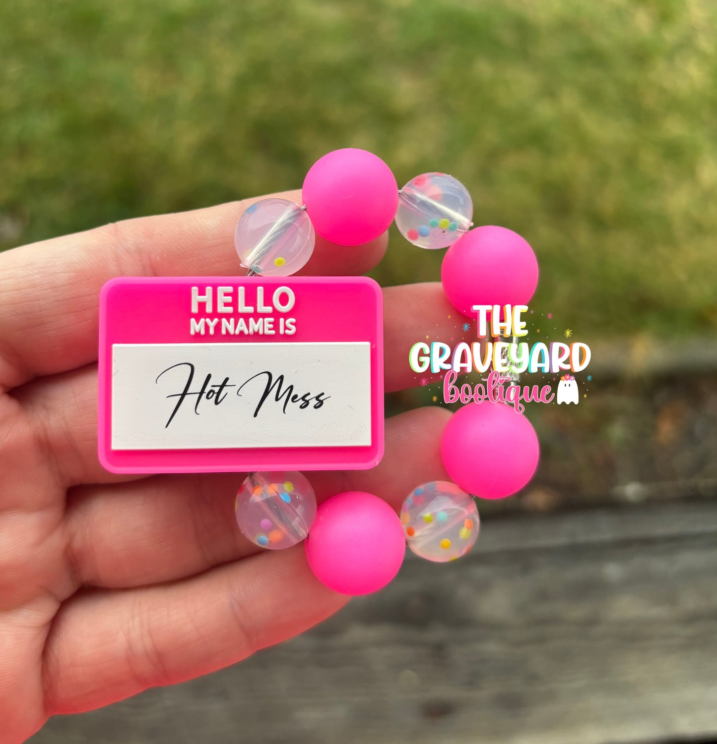 Hello My Name Is Hot Mess Tumbler Charm- Round Pink Beads Glow In Dark