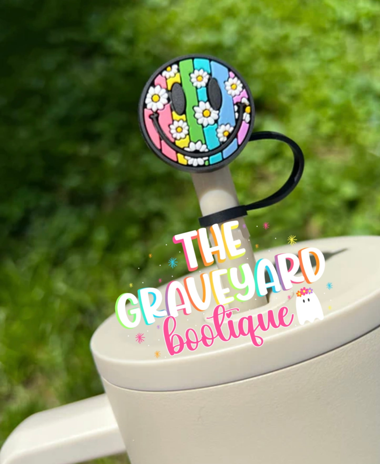 Floral Rainbow Smiley Straw Topper