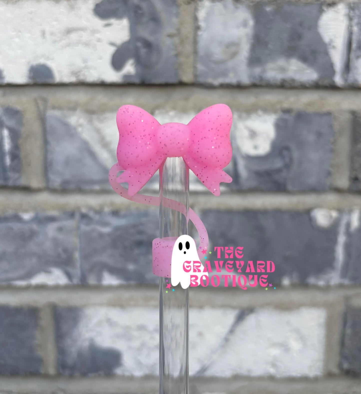 Pink Glitter 3D Bow Straw Topper - 10mm