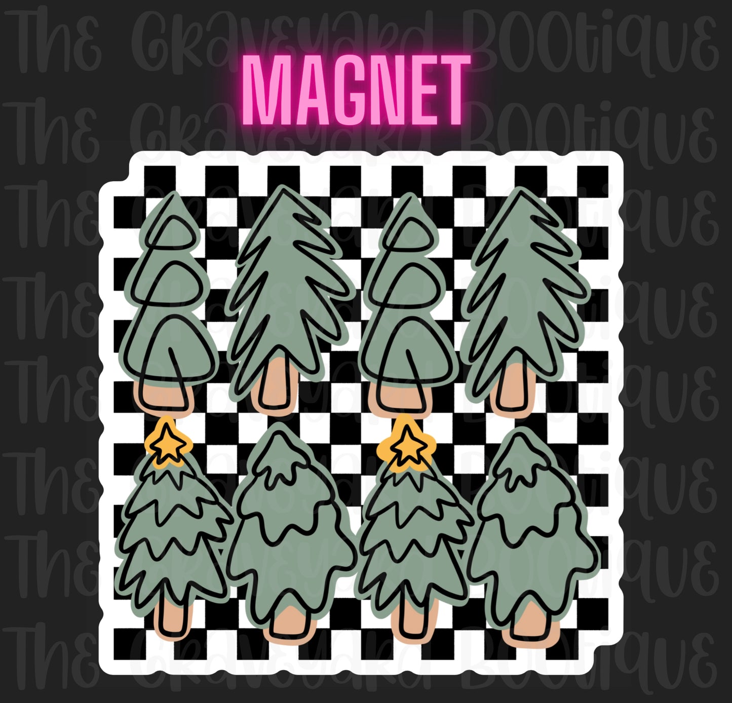 Checker Board Green Christmas Trees Magnet