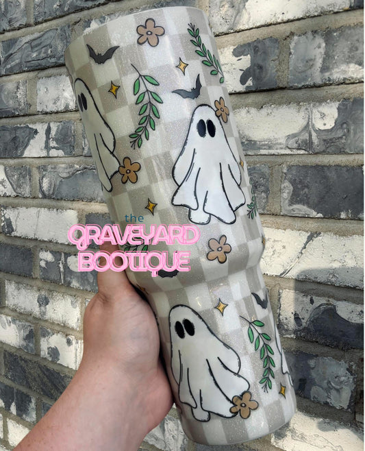 Boho Floral Ghost Simple Modern Checker Tumbler