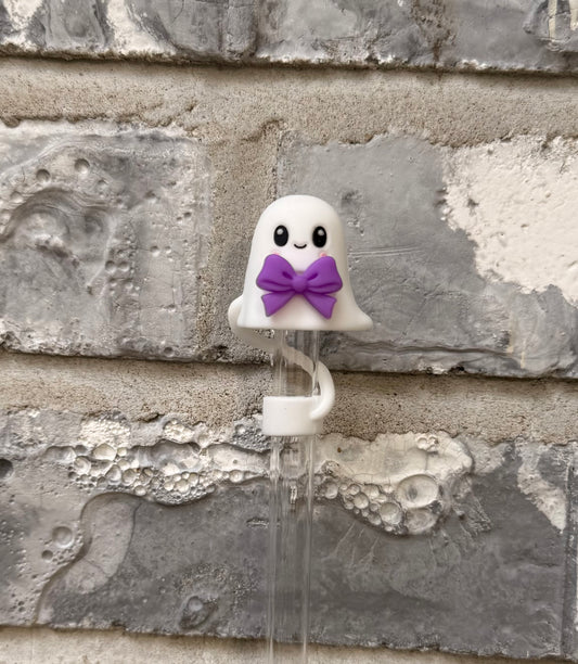 Ghost With Purple Bow 3D Straw Topper - 10mm
