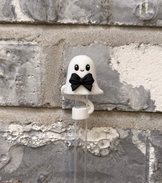 Ghost With Black Bow 3D Straw Topper - 10mm